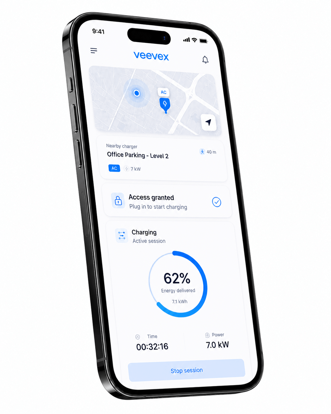 Veevex EV driver mobile app showing nearby charger discovery, granted access, and an active charging session